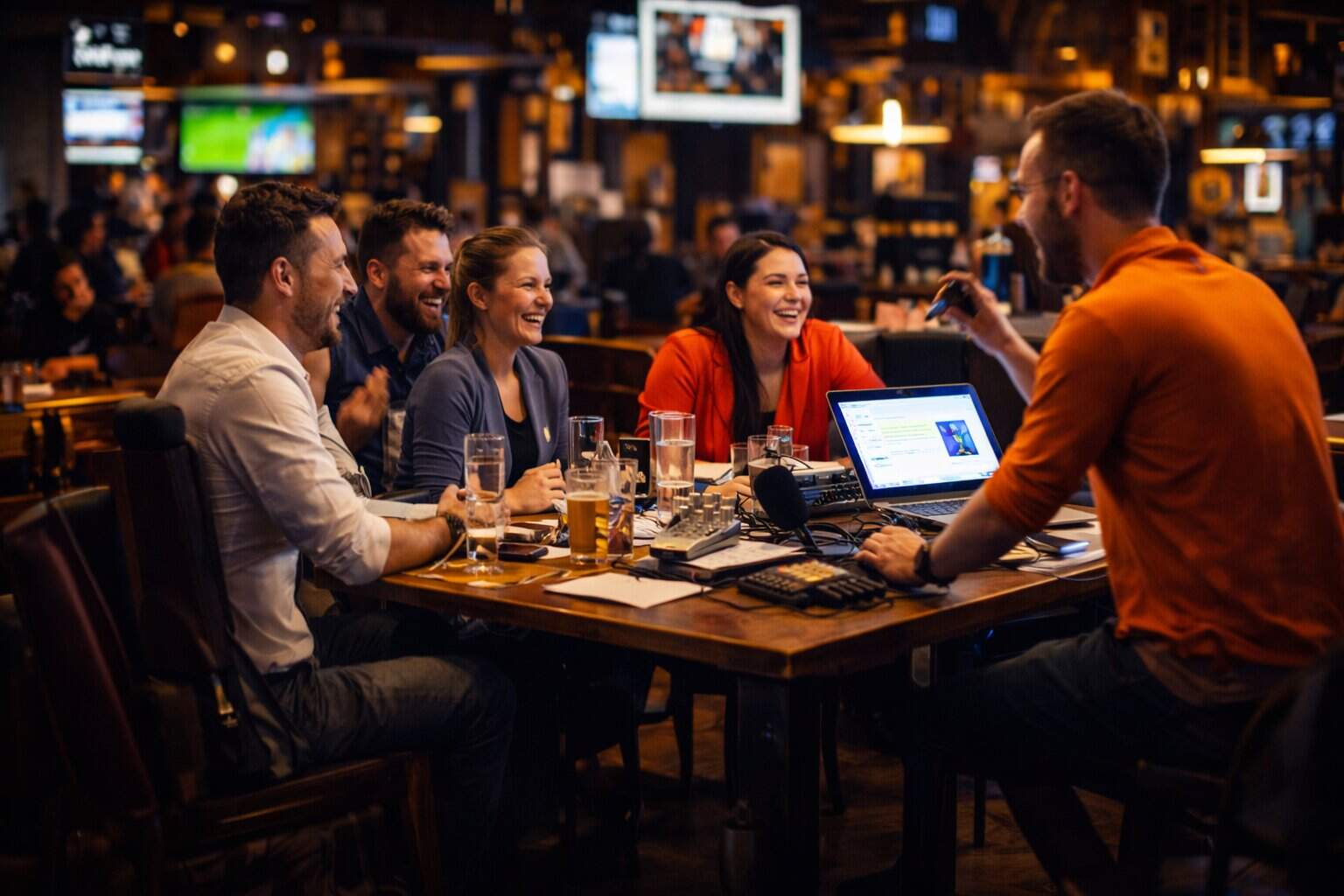 Groep vrienden speelt een pubquiz in een café met quizmaster, laptop en microfoon